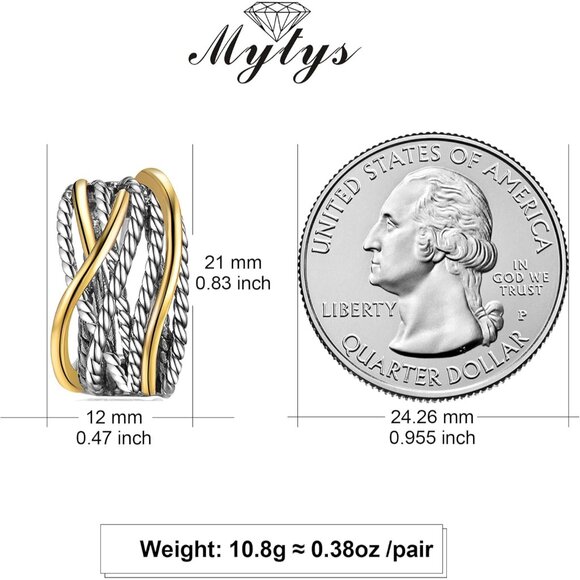 Two Tone Silver Gold Huggie Hoop Earrings with Crossover Twisted Rope Design for - Picture 4 of 6